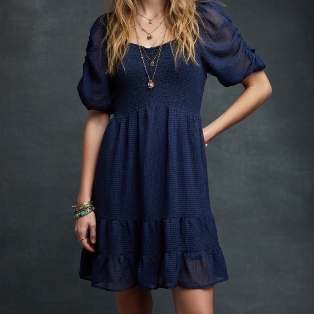 Jodifl Navy Gingham Smocked Puff Sleeve Ruffle Hem Mini Dress Women's Size Large